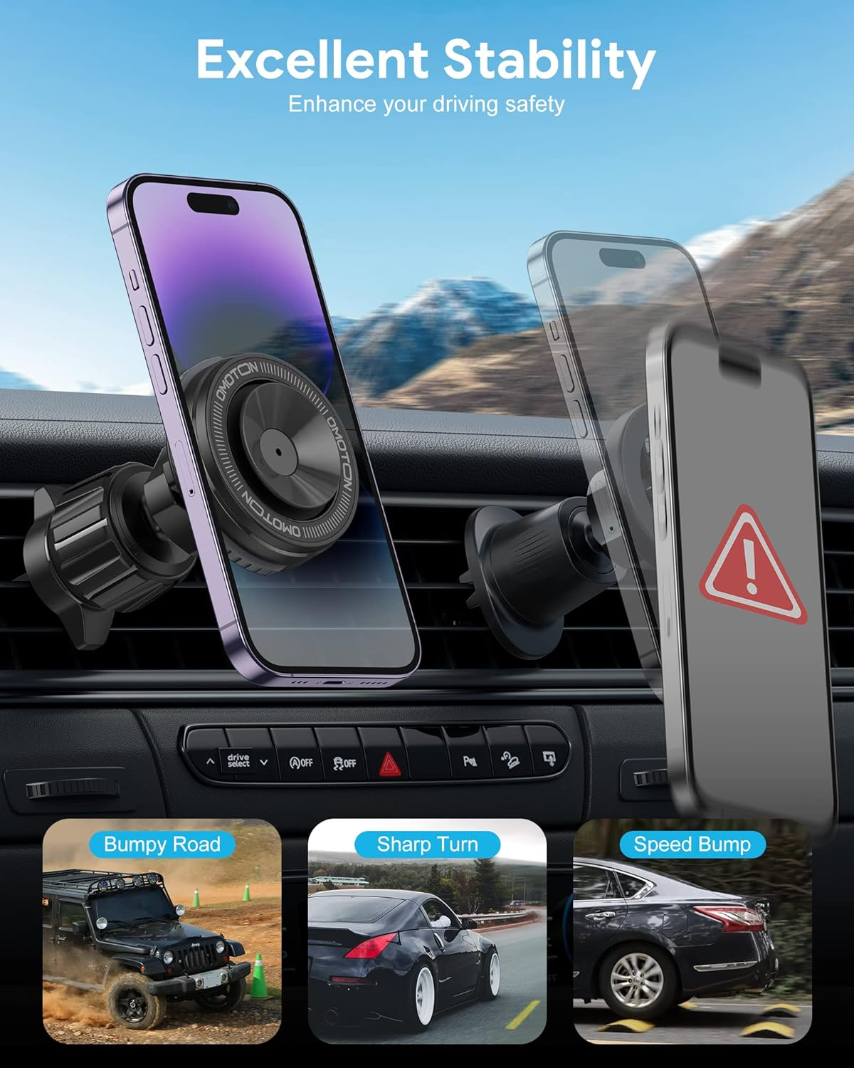 Apple's MagSafe technology offers a seamless and secure connection, making it easier than ever to attach your iPhone to the car mount. The robust magnetic attachment ensures your phone stays in place even on bumpy roads